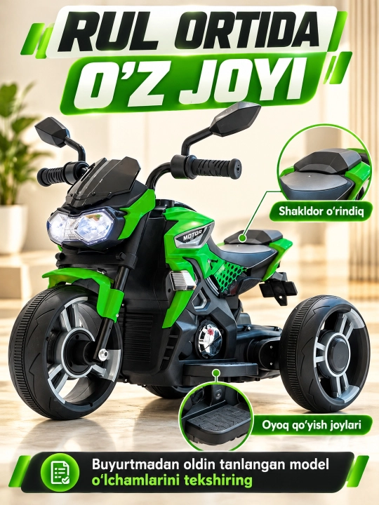 Chiroq va ovozli akkumulyatorli bolalar elektr mototsikli