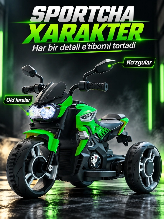 Chiroq va ovozli akkumulyatorli bolalar elektr mototsikli