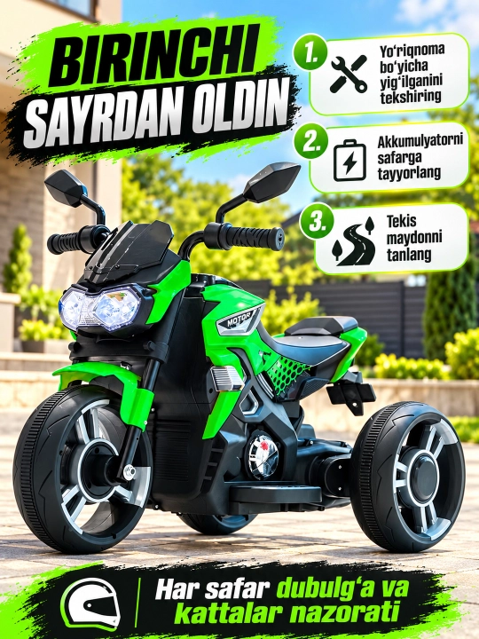Chiroq va ovozli akkumulyatorli bolalar elektr mototsikli