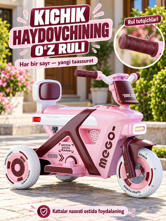 Chiroq va ovozli akkumulyatorli bolalar elektr mototsikli