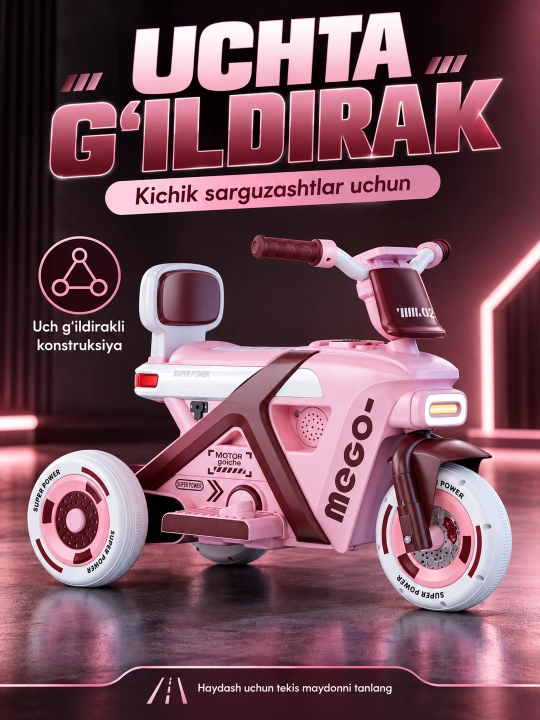 Chiroq va ovozli akkumulyatorli bolalar elektr mototsikli