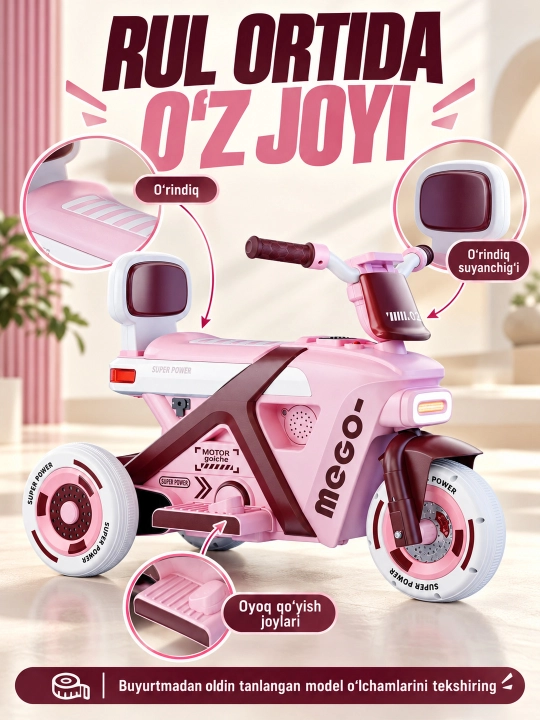 Chiroq va ovozli akkumulyatorli bolalar elektr mototsikli