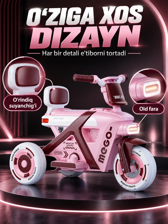 Chiroq va ovozli akkumulyatorli bolalar elektr mototsikli