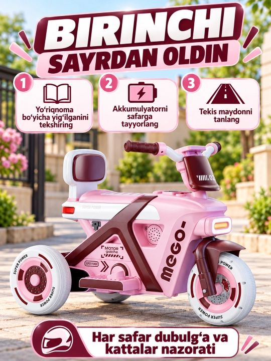 Chiroq va ovozli akkumulyatorli bolalar elektr mototsikli