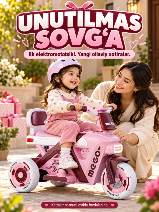 Chiroq va ovozli akkumulyatorli bolalar elektr mototsikli