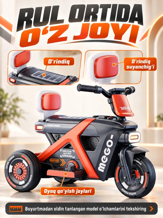 Chiroq va ovozli akkumulyatorli bolalar elektr mototsikli