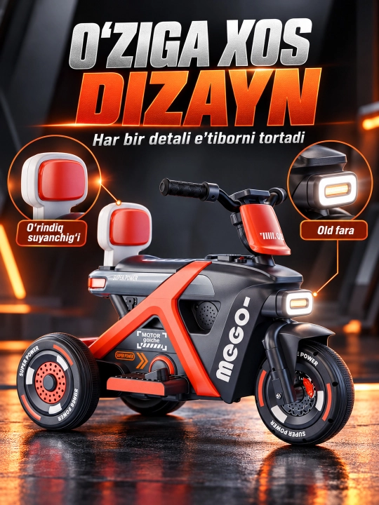 Chiroq va ovozli akkumulyatorli bolalar elektr mototsikli