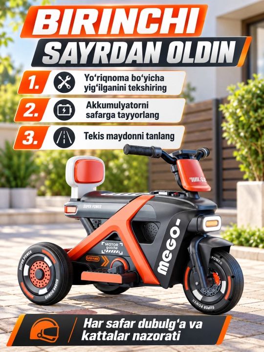 Chiroq va ovozli akkumulyatorli bolalar elektr mototsikli