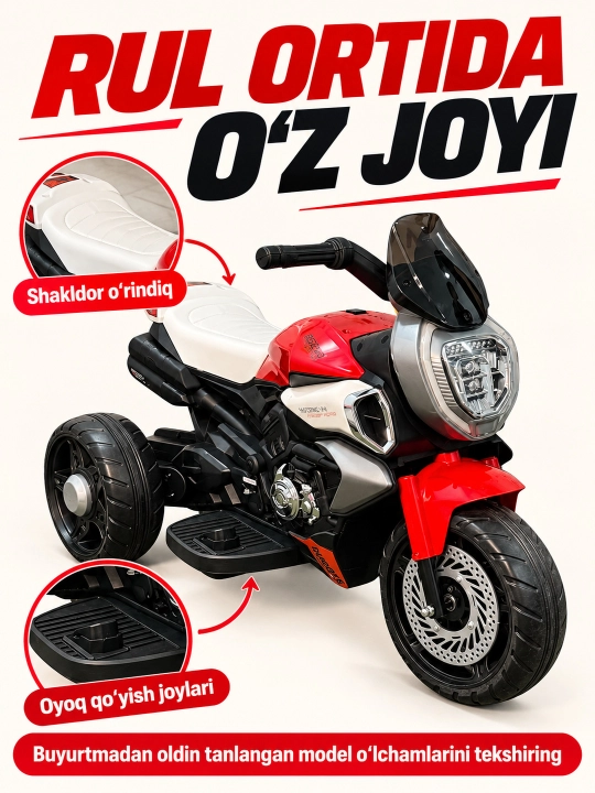 Chiroq va ovozli akkumulyatorli bolalar elektr mototsikli