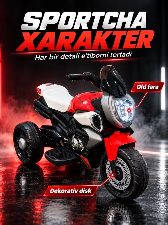 Chiroq va ovozli akkumulyatorli bolalar elektr mototsikli