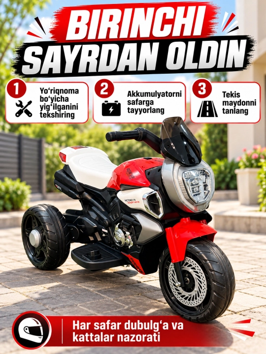 Chiroq va ovozli akkumulyatorli bolalar elektr mototsikli