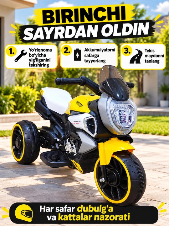 Chiroq va ovozli akkumulyatorli bolalar elektr mototsikli