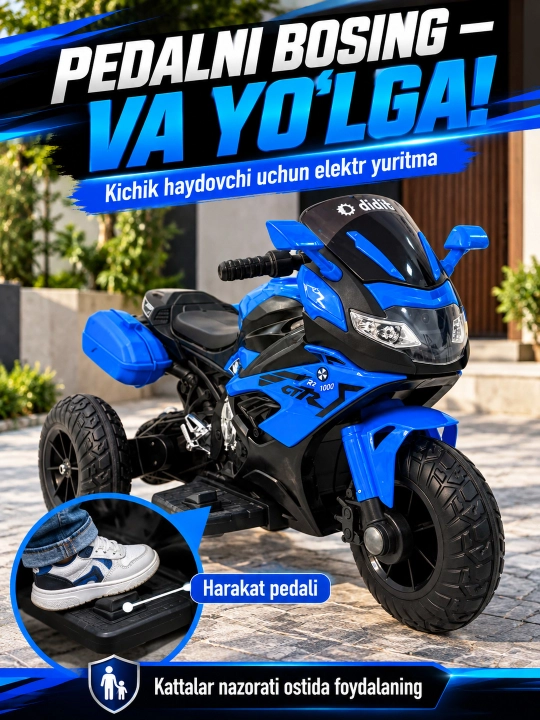 Chiroq va ovozli akkumulyatorli bolalar elektr mototsikli