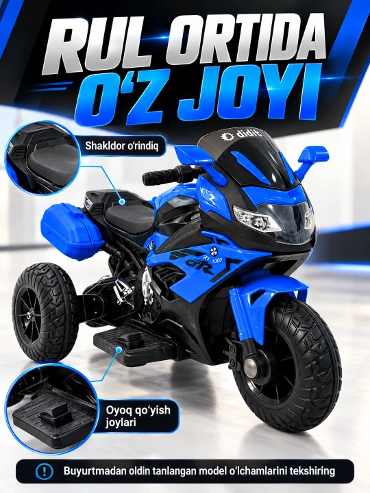 Chiroq va ovozli akkumulyatorli bolalar elektr mototsikli