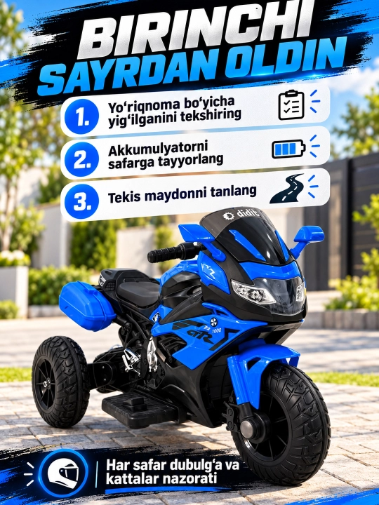 Chiroq va ovozli akkumulyatorli bolalar elektr mototsikli