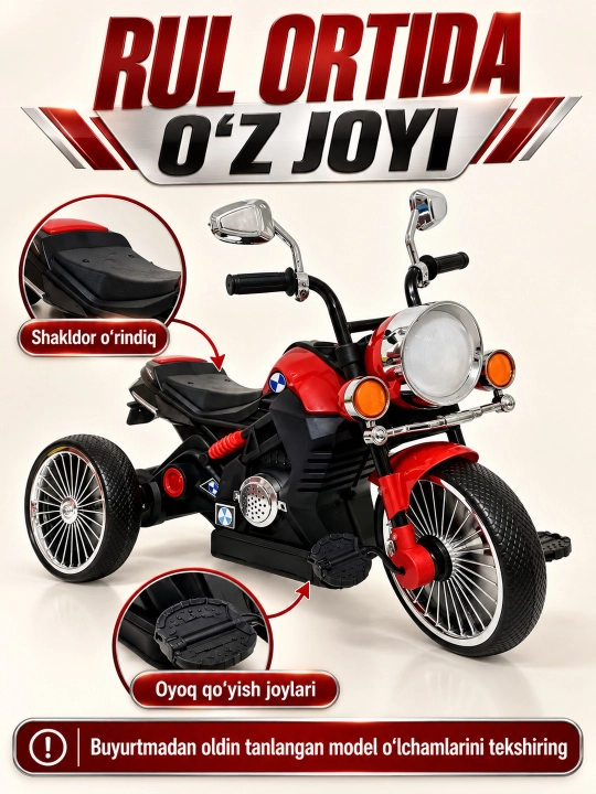 Chiroq va ovozli akkumulyatorli bolalar elektr mototsikli