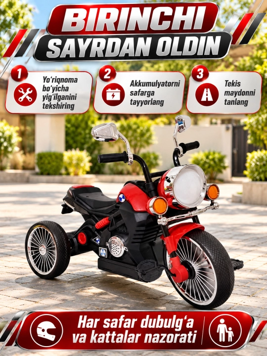 Chiroq va ovozli akkumulyatorli bolalar elektr mototsikli