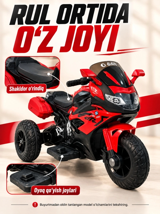 Chiroq va ovozli akkumulyatorli bolalar elektr mototsikli