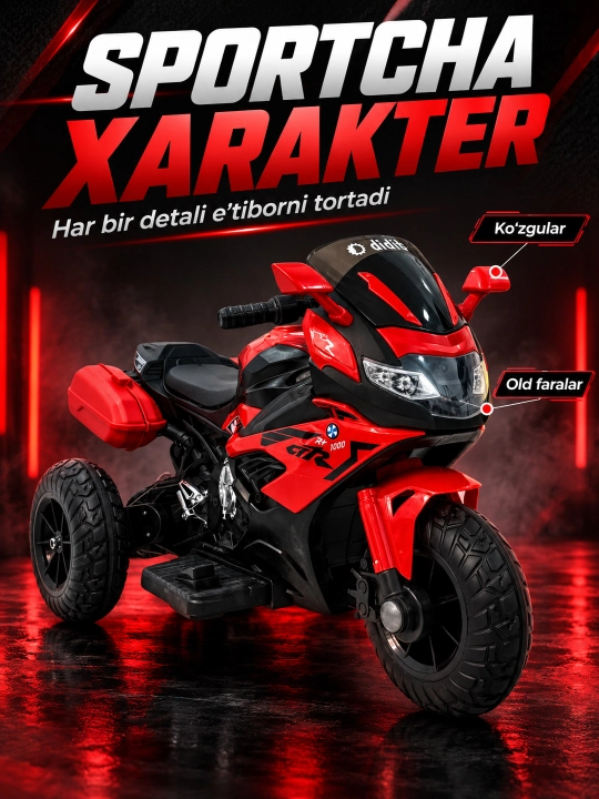 Chiroq va ovozli akkumulyatorli bolalar elektr mototsikli