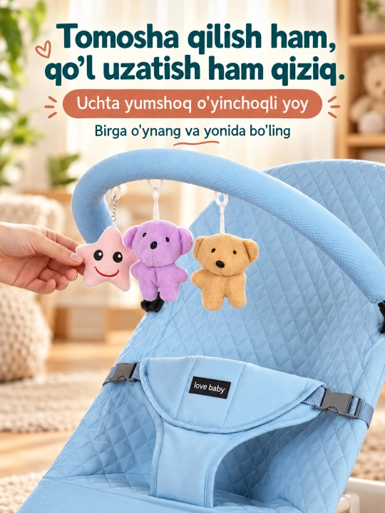 Musiqa, yorug‘lik va o‘yinchoq yoyi bilan yangi tug‘ilgan chaqaloq uchun tebranma o‘rindiq