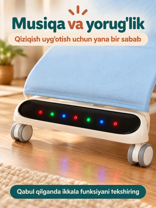 Musiqa, yorug‘lik va o‘yinchoq yoyi bilan yangi tug‘ilgan chaqaloq uchun tebranma o‘rindiq