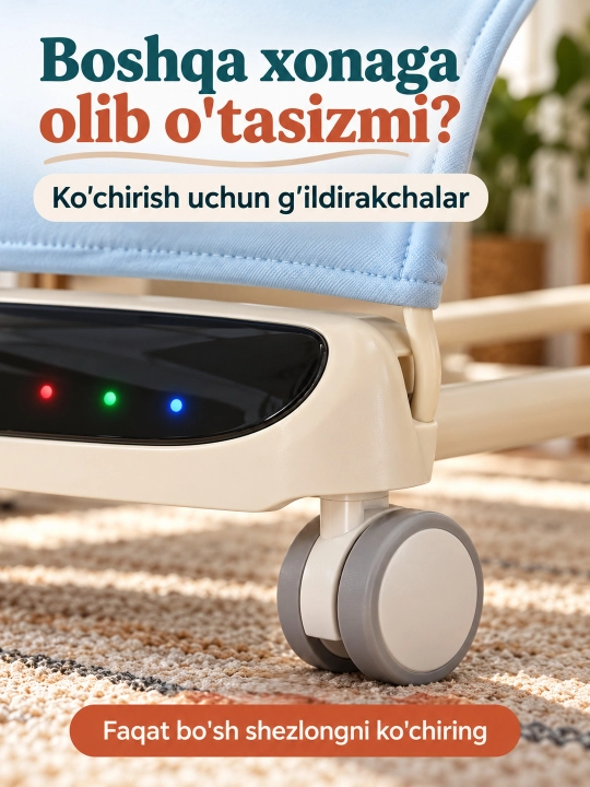 Musiqa, yorug‘lik va o‘yinchoq yoyi bilan yangi tug‘ilgan chaqaloq uchun tebranma o‘rindiq