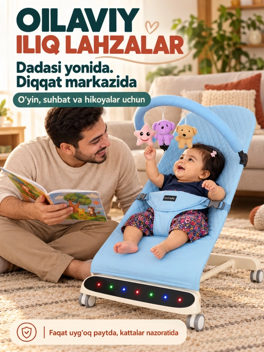 Musiqa, yorug‘lik va o‘yinchoq yoyi bilan yangi tug‘ilgan chaqaloq uchun tebranma o‘rindiq