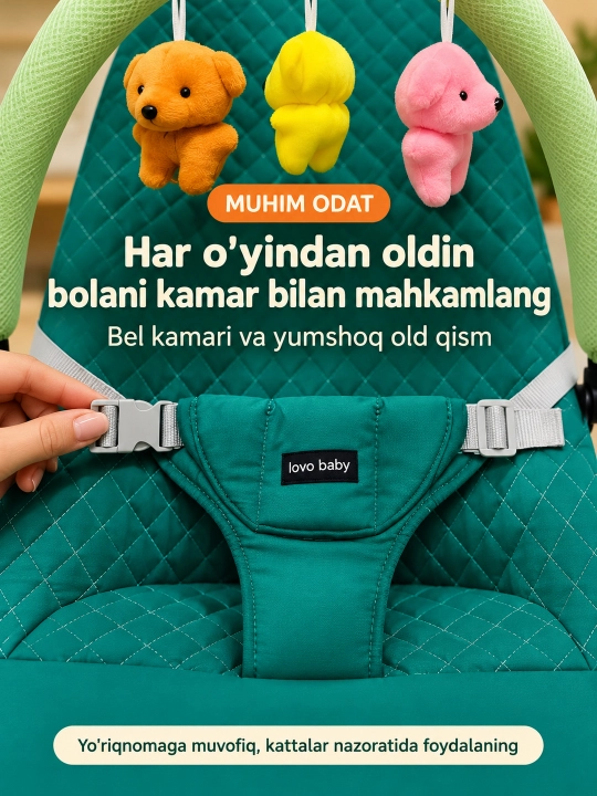 Musiqa, yorug‘lik va o‘yinchoq yoyi bilan yangi tug‘ilgan chaqaloq uchun tebranma o‘rindiq