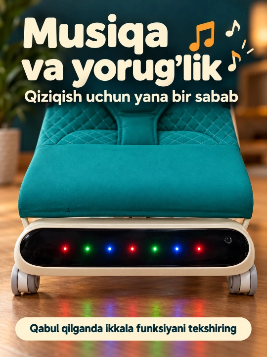 Musiqa, yorug‘lik va o‘yinchoq yoyi bilan yangi tug‘ilgan chaqaloq uchun tebranma o‘rindiq
