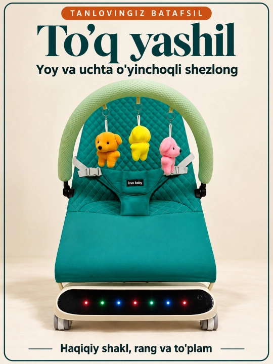 Musiqa, yorug‘lik va o‘yinchoq yoyi bilan yangi tug‘ilgan chaqaloq uchun tebranma o‘rindiq