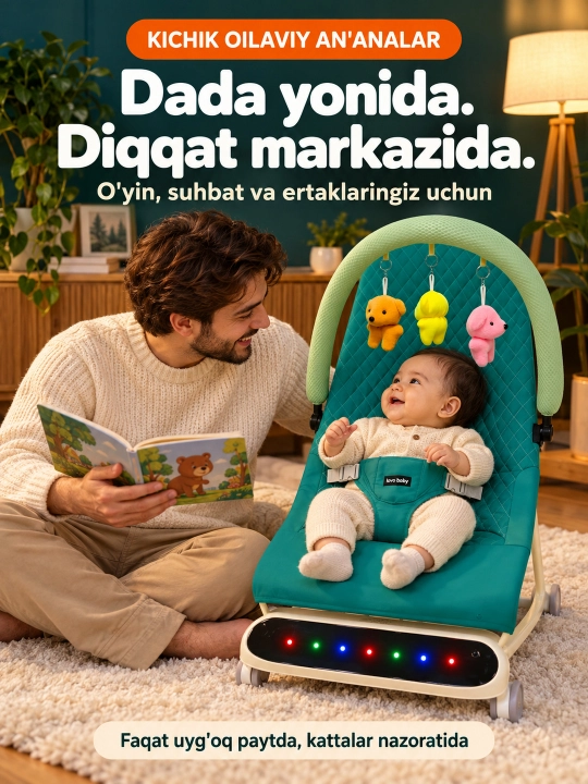 Musiqa, yorug‘lik va o‘yinchoq yoyi bilan yangi tug‘ilgan chaqaloq uchun tebranma o‘rindiq