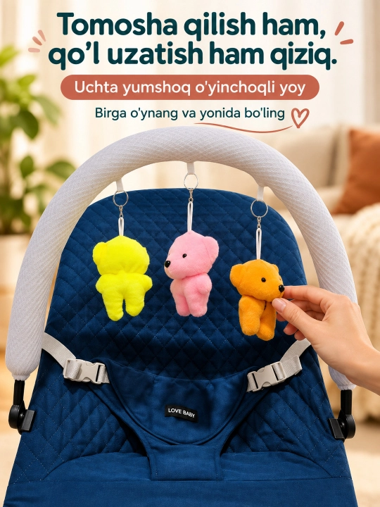 Musiqa, yorug‘lik va o‘yinchoq yoyi bilan yangi tug‘ilgan chaqaloq uchun tebranma o‘rindiq