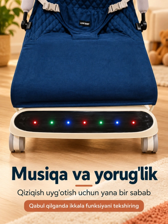 Musiqa, yorug‘lik va o‘yinchoq yoyi bilan yangi tug‘ilgan chaqaloq uchun tebranma o‘rindiq