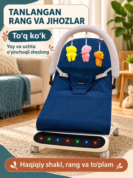 Musiqa, yorug‘lik va o‘yinchoq yoyi bilan yangi tug‘ilgan chaqaloq uchun tebranma o‘rindiq