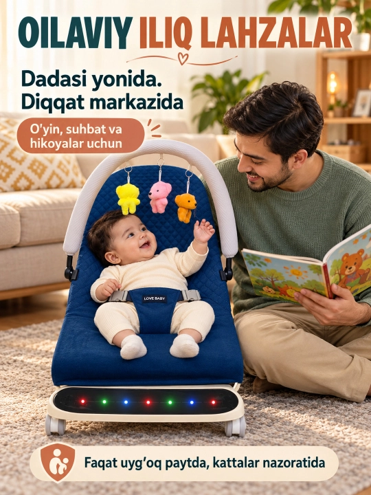 Musiqa, yorug‘lik va o‘yinchoq yoyi bilan yangi tug‘ilgan chaqaloq uchun tebranma o‘rindiq