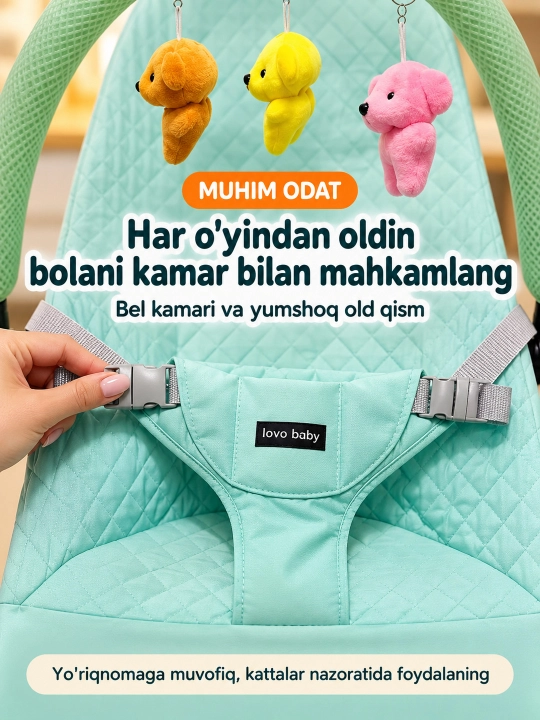 Musiqa, yorug‘lik va o‘yinchoq yoyi bilan yangi tug‘ilgan chaqaloq uchun tebranma o‘rindiq