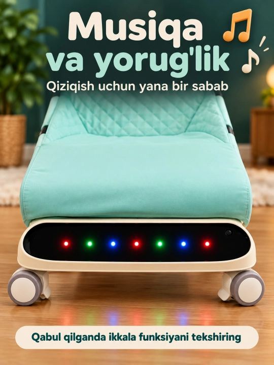 Musiqa, yorug‘lik va o‘yinchoq yoyi bilan yangi tug‘ilgan chaqaloq uchun tebranma o‘rindiq