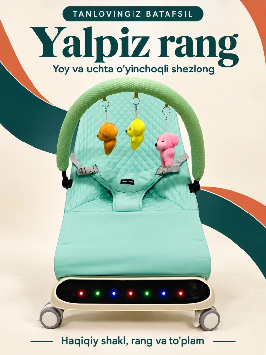 Musiqa, yorug‘lik va o‘yinchoq yoyi bilan yangi tug‘ilgan chaqaloq uchun tebranma o‘rindiq