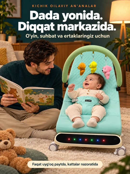 Musiqa, yorug‘lik va o‘yinchoq yoyi bilan yangi tug‘ilgan chaqaloq uchun tebranma o‘rindiq