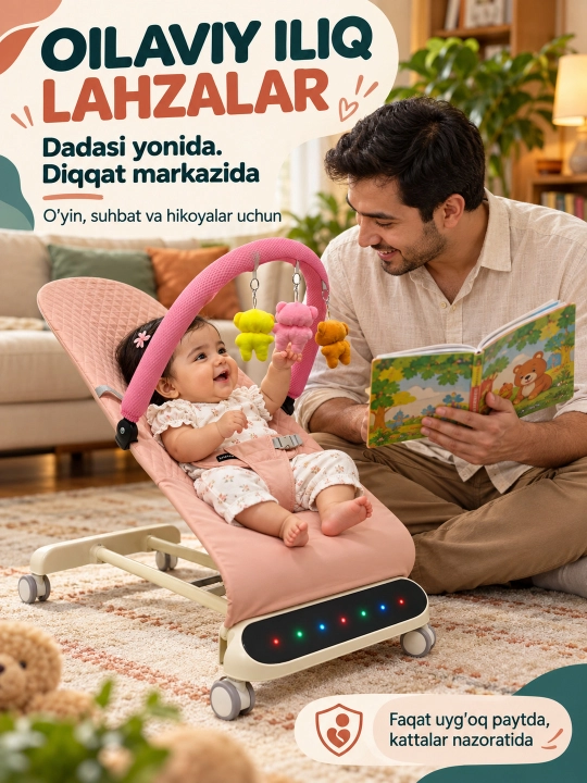 Musiqa, yorug‘lik va o‘yinchoq yoyi bilan yangi tug‘ilgan chaqaloq uchun tebranma o‘rindiq