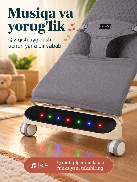Musiqa, yorug‘lik va o‘yinchoq yoyi bilan yangi tug‘ilgan chaqaloq uchun tebranma o‘rindiq