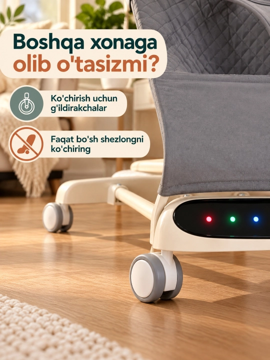 Musiqa, yorug‘lik va o‘yinchoq yoyi bilan yangi tug‘ilgan chaqaloq uchun tebranma o‘rindiq