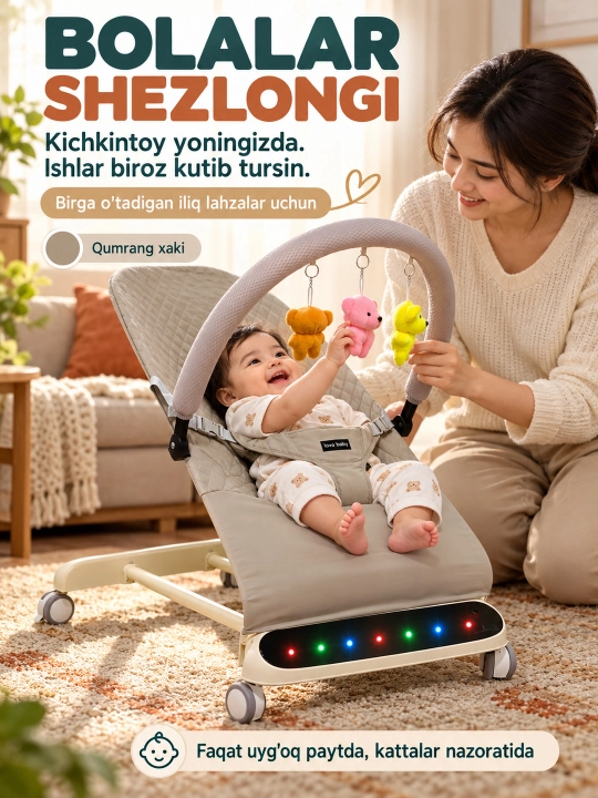Musiqa, yorug‘lik va o‘yinchoq yoyi bilan yangi tug‘ilgan chaqaloq uchun tebranma o‘rindiq - 