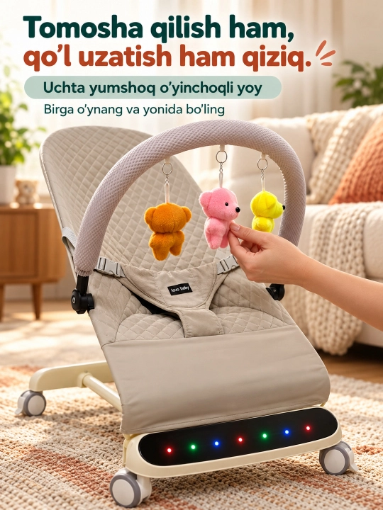 Musiqa, yorug‘lik va o‘yinchoq yoyi bilan yangi tug‘ilgan chaqaloq uchun tebranma o‘rindiq