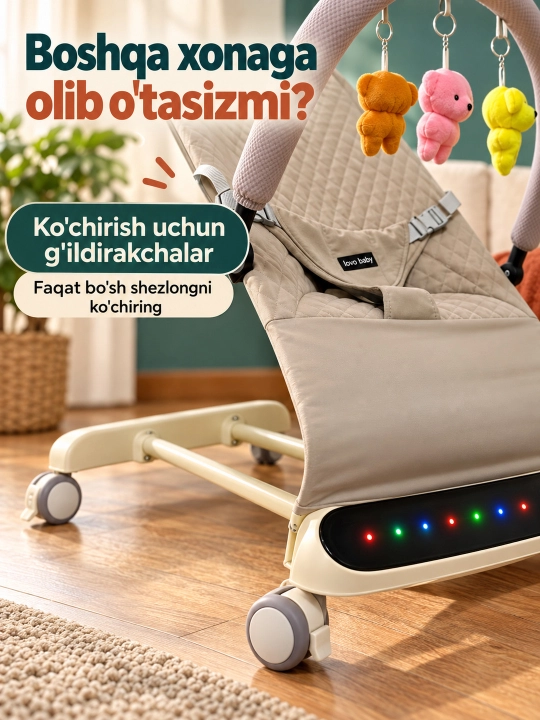 Musiqa, yorug‘lik va o‘yinchoq yoyi bilan yangi tug‘ilgan chaqaloq uchun tebranma o‘rindiq