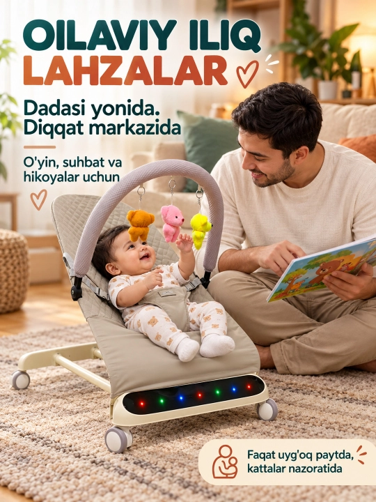 Musiqa, yorug‘lik va o‘yinchoq yoyi bilan yangi tug‘ilgan chaqaloq uchun tebranma o‘rindiq