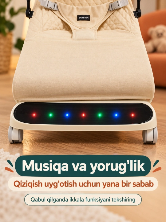 Musiqa, yorug‘lik va o‘yinchoq yoyi bilan yangi tug‘ilgan chaqaloq uchun tebranma o‘rindiq