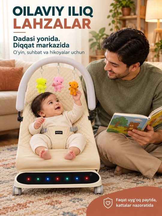 Musiqa, yorug‘lik va o‘yinchoq yoyi bilan yangi tug‘ilgan chaqaloq uchun tebranma o‘rindiq