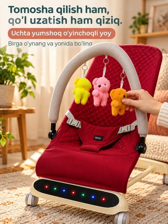 Musiqa, yorug‘lik va o‘yinchoq yoyi bilan yangi tug‘ilgan chaqaloq uchun tebranma o‘rindiq