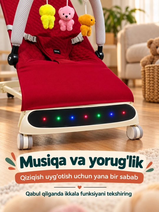 Musiqa, yorug‘lik va o‘yinchoq yoyi bilan yangi tug‘ilgan chaqaloq uchun tebranma o‘rindiq